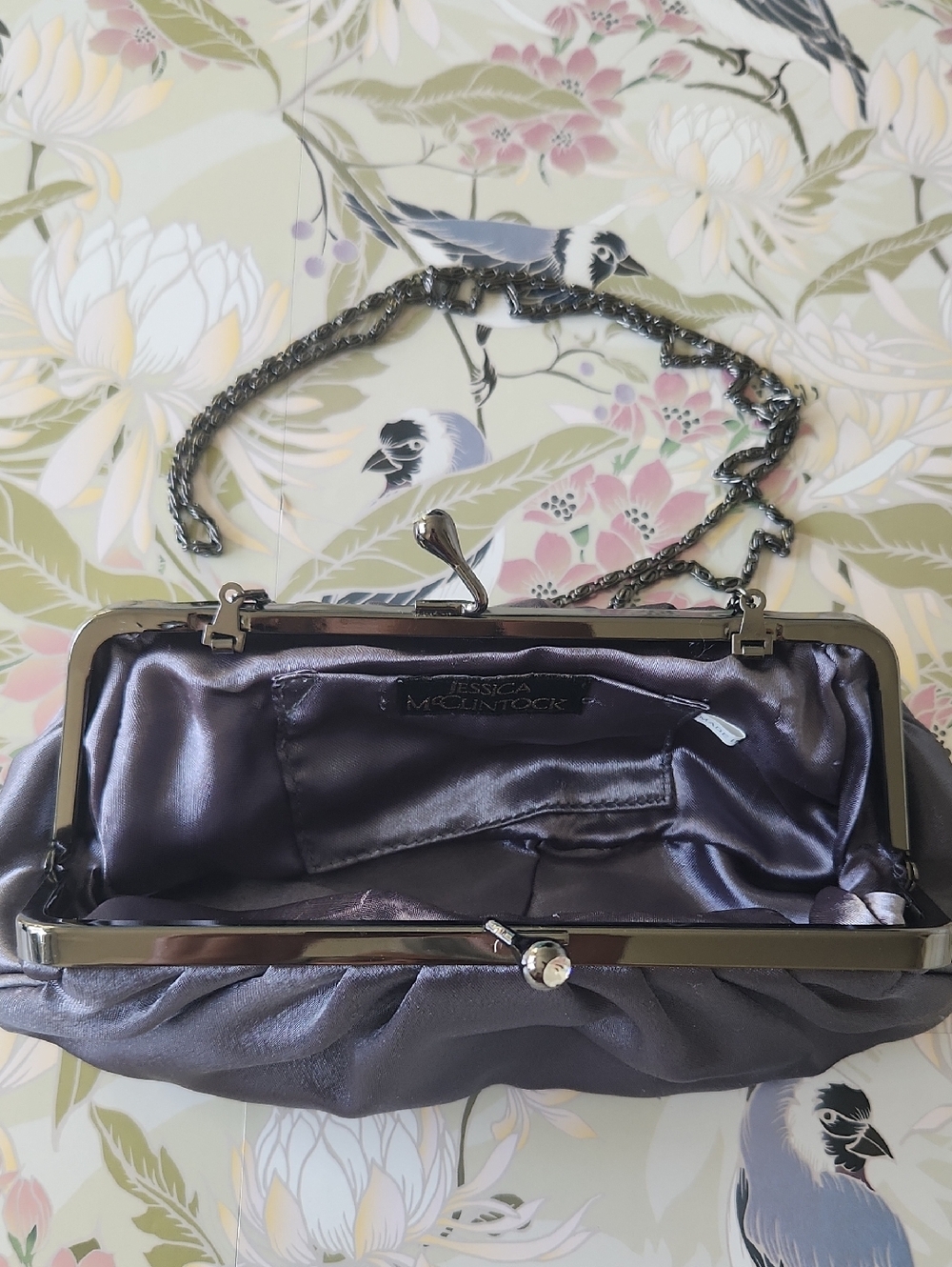 Jessica McClintock Silver Pewter Satin Chain Frame Clutch